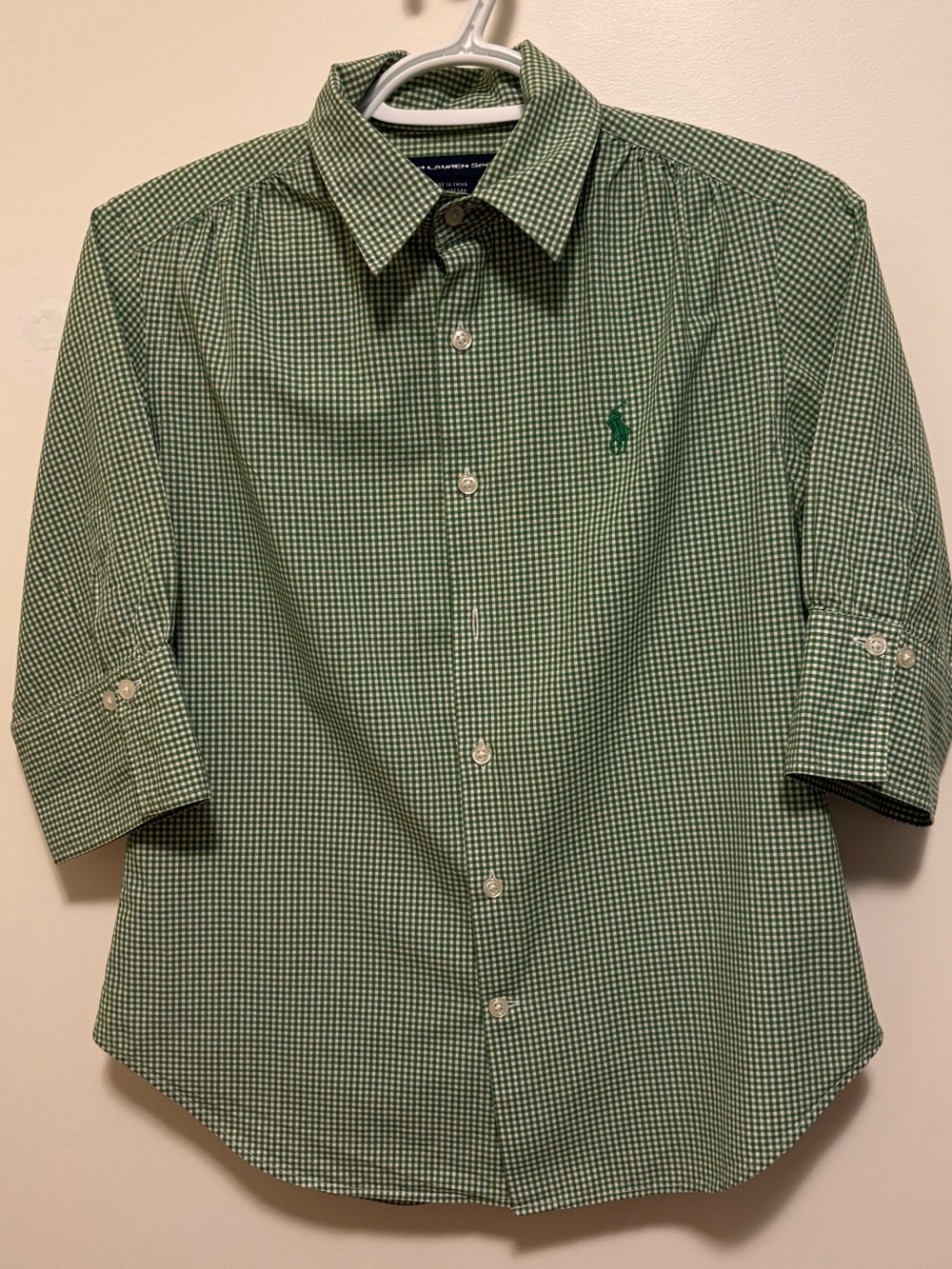 Ralph Lauren Sport Green /white Plaid button down Blouse size 8 3/4 sleeves
